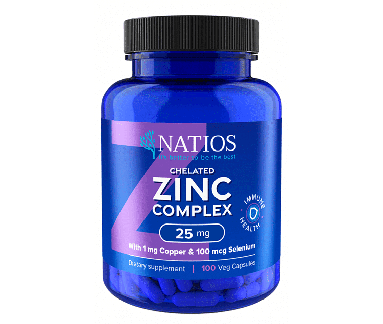 Natios Zinc Chelated Complex, Zinek, selen a měď, 25 mg, 100 veganských kapslí