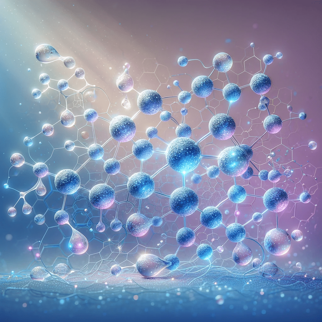DALL·E 2023 12 03 12.48.55 A digital illustration focusing on the theme of hyaluronic acid. The image shows a microscopic view of hyaluronic acid molecules depicted as intricat 1