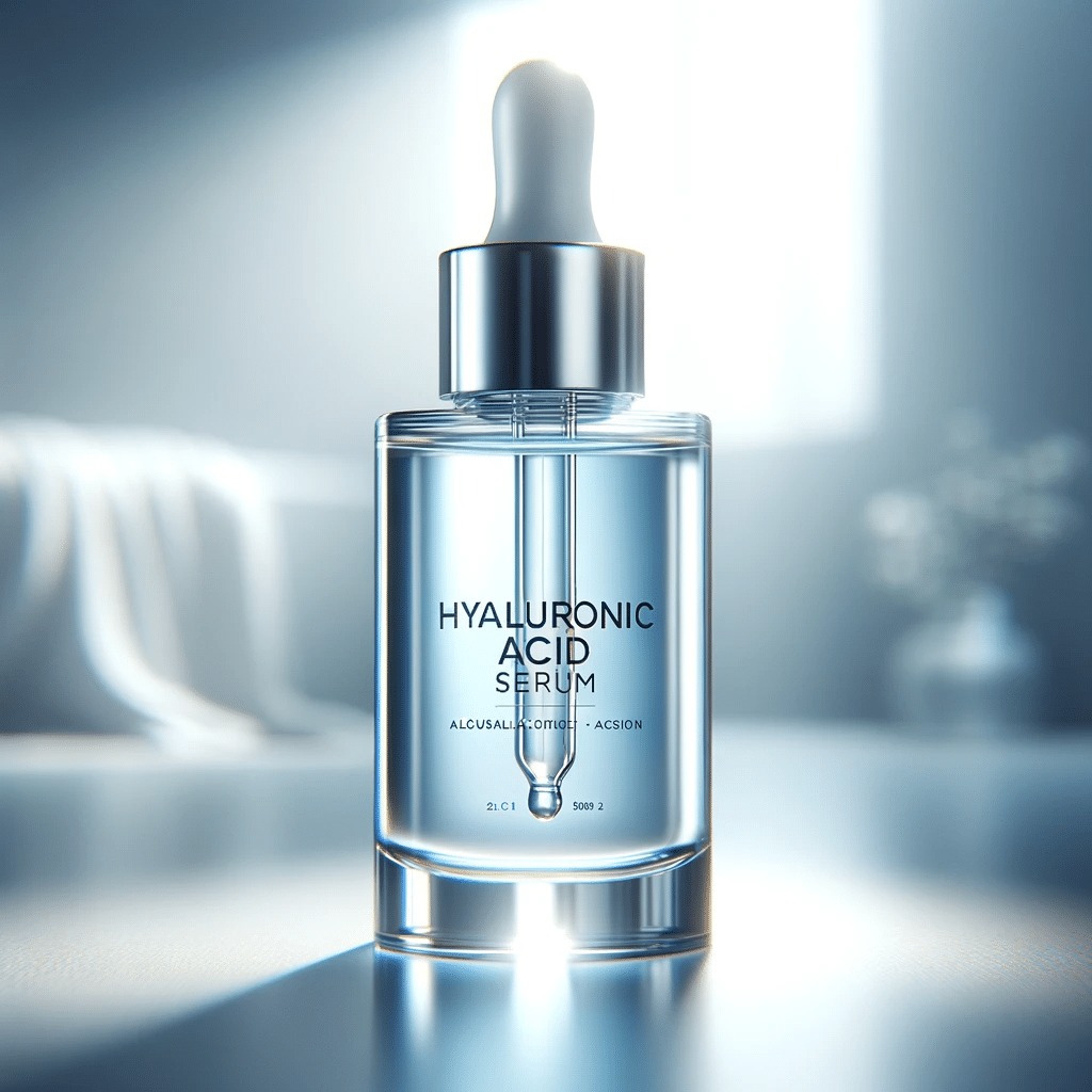 DALL·E 2023 12 03 12.55.37 A detailed digital image of a bottle of hyaluronic acid serum. The bottle is sleek and modern made of transparent glass with a silver dropper. The se